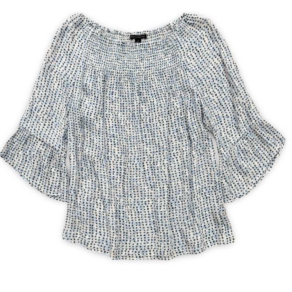 Zac‎ & Rachel Blue White Polka Dot Smocked Off Shoulder Ruffle Sleeve Blouse S